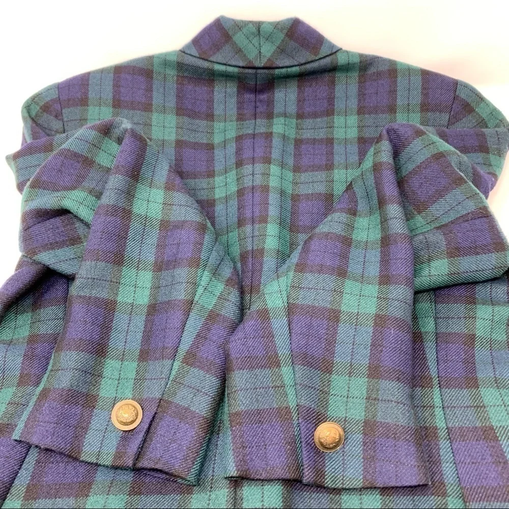 Y2K Rena Rowan Saville Wool Blend Tartan Plaid Blazer Brass Buttons Size 10P